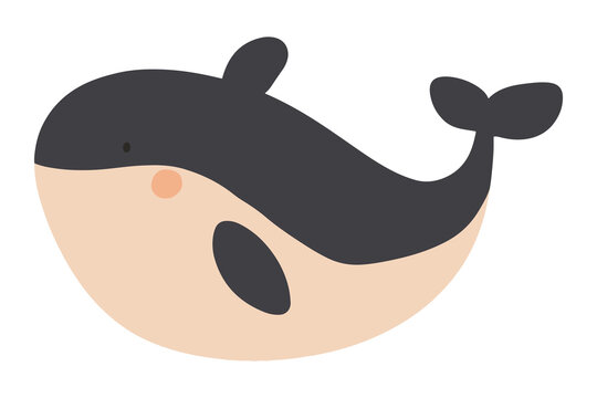 Set of playful, minimalist vector whale illustrations in muted gray and beige, with rosy cheeks, spots and stripes. Ideal for children&rsquo;s books, nursery decor, ocean-themed branding and web graphics.