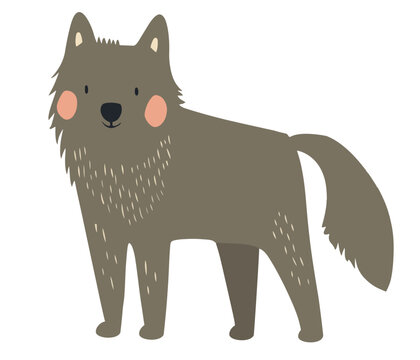 A flat, minimalist vector illustration of a friendly cartoon wolf with rosy cheeks in earthy brown tones, evoking a playful woodland vibe. Perfect for children&rsquo;s books, branding, and nature-themed.
