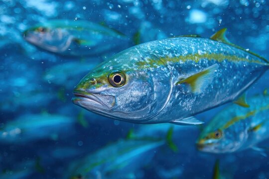 School of Yellowtail Amberjack Swimming Underwater with Sun Rays and Bubbles, Close-up View of Seriola lalandi in Natural Habitat, Blue Ocean Water and Marine Wildlife Scenery