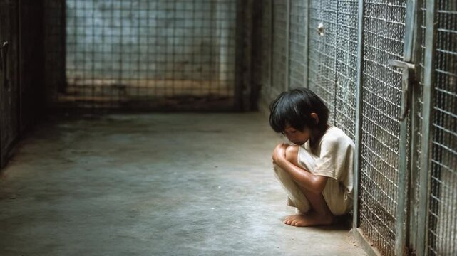 Imprisoned Child in Cages: A poignant capture of a child, head bowed, ensnared within the confines of metal cages, symbolizing isolation, confinement, and the human cost of institutionalization.