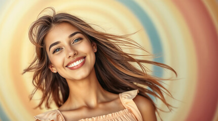 Fototapeta premium A glamorous brunette woman with long, flowing hair smiles as the wind gently blows, highlighting her beautiful face, captivating eyes, and sensual lips