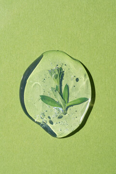 Cosmetic gel drop with flower on green background