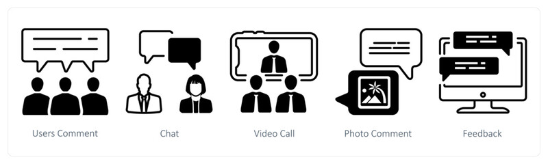 A set of 5 mix icons as user comment, chat, video call