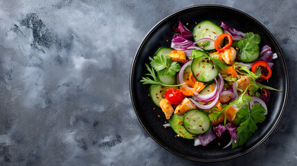 Chicken salad with fresh chopped vegetables in black ceramic plate on grey rustic background, copy space for text