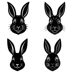 Four black and white detailed rabbit heads with varying designs and ear positions on a white background