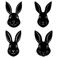 Fototapeta premium Four black and white rabbit faces with different expressions and ear positions arranged in a square