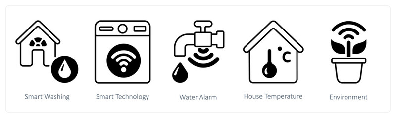 A set of 5 mix icons as smart washing, smart technology, water alarm