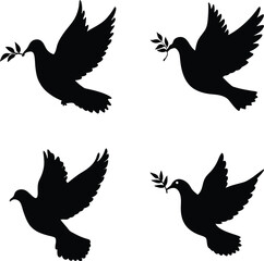 peace dove icon  set, olive branch silhouette, bird symbol vector