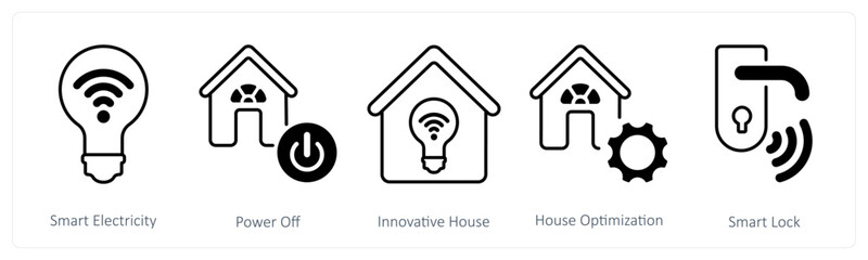 A set of 5 mix icons as smart electricity, power off, innovative house
