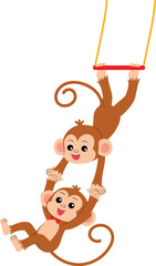 smile monkey cartoon acrobatics show swing on trapeze with teammate, cute monkey character circus performing show illustration
