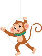 smile monkey cartoon acrobatics show swing on ring, , cute monkey character circus performing show illustration