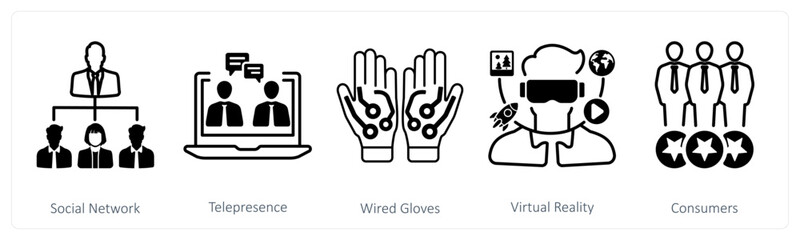 A set of 5 mix icons as social network, telepresence, wired gloves
