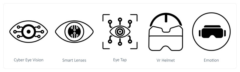 A set of 5 mix icons as cyber eye vision, smart lenses, eye tap