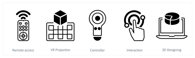 A set of 5 mix icons as remote access, vr projection, controller © popcornarts