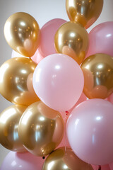 A cheerful cluster of glossy, round balloons in soft pink and shimmering gold, creating a festive and celebratory atmosphere, perfect for events or backgrounds.