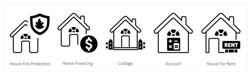 A set of 5 mix icons as house fire protection, home financing, cottage