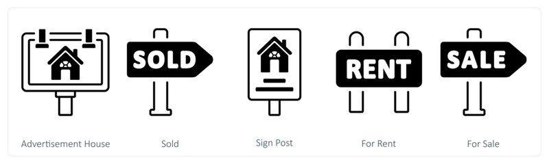 A set of 5 mix icons as advertisement house, sold, sign post