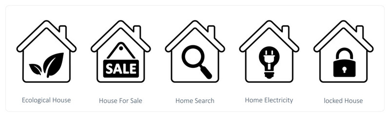 A set of 5 mix icons as ecological house, house for sale, home search