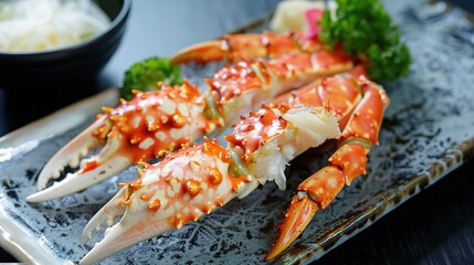 Close-up of a king crab with massive legs and spiky shell, placed on a rocky seashore or in a seafood market, showcasing its vibrant red color and fresh appearance