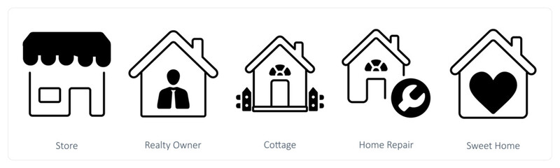 A set of 5 mix icons as store, realty owner, cottage