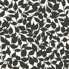 Hand drawn vector floral seamless pattern with leaves in black anf white.