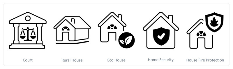 A set of 5 mix icons as court, rural house, eco house