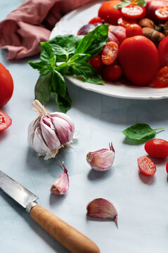 Fresh ingredients for delicious cold tomato soup