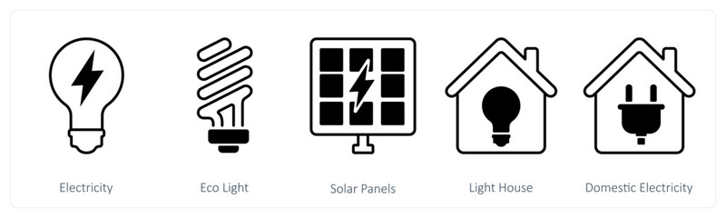 A set of 5 mix icons as electricity, eco light, solar panels