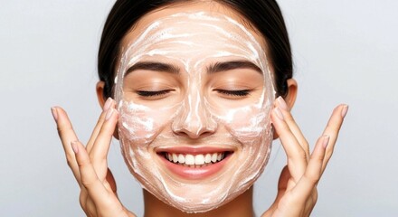 A woman happily washing her face with foam cleanser. Daily skincare routine for clear and healthy skin. Beauty and hygiene concept.
