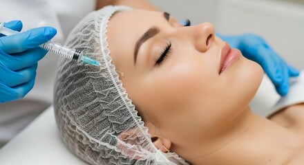 woman receiving facial beauty injection from doctor with syringe at clinic. Cosmetology treatment for skin care rejuvenation.
