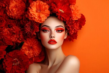 Woman with red flowers and bright makeup. Female face with red lips and eyes enhanced with shadow and eyeliner. Beauty and fashion for cosmetic brand.