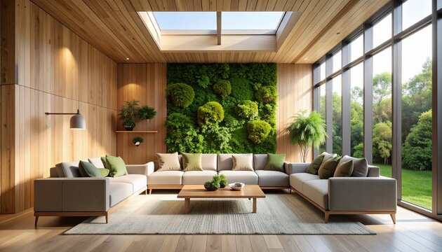 Minimalist living room wall featuring abstract moss art forms embedded into wooden panels with indirect skylight glow