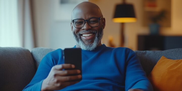 Senior African American smiling, looking at cellphone