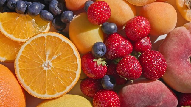 closeup of various rotating fresh bright summer fruits and berries, top view. healthy sunny food background