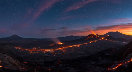 Eruption Night Majestic Volcano Landscape Under Starry Sky