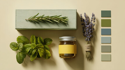 Herbal aromatherapy wellness still life with lavender mint and rosemary spa set
