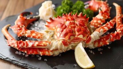 Close-up of a king crab with massive legs and spiky shell, placed on a rocky seashore or in a seafood market, showcasing its vibrant red color and fresh appearance