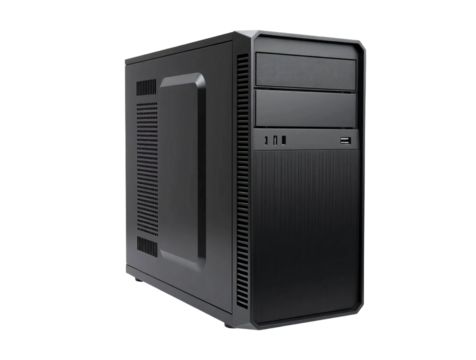 Black desktop computer tower isolated on transparent background