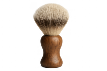 High-quality shaving brush with natural bristles and elegant wooden handle, isolated on transparent background, perfect for grooming and barbershop themes