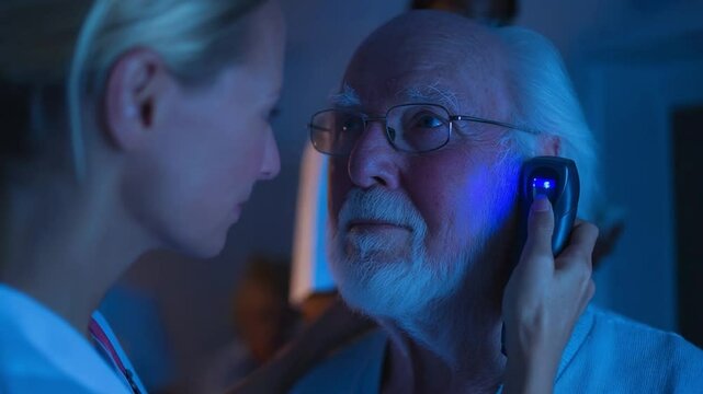 Caring Touch: In a dimly lit environment, a healthcare provider compassionately attends to an elderly person. The scene captures a moment of trust, empathy, and medical attention.