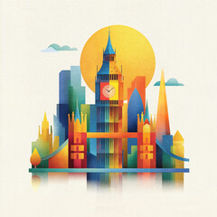 Abstract digital illustration of London skyline, geometric shapes, architectural elements, iconic landmarks, Big Ben. Tourism marketing, travel brochures, business, city branding, urban, flat design