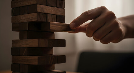 Hand carefully removes a block from a wooden tower game illustrating risk