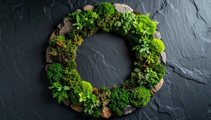 Circular moss mural made from mixed green species framed in natural stone, set against a dark slate wall with warm shadows