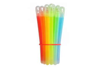 Multiple colorful glow sticks forming a rainbow are bundled together with a red rubber band on a transparent background