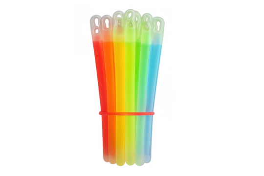 Multiple colorful glow sticks forming a rainbow are bundled together with a red rubber band on a transparent background