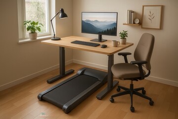 Work life balance productivity routine concept. Home office setup with a treadmill under a desk and laptop monitor.