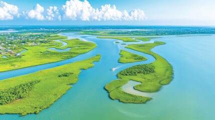 Aerial View of Serene Coastal Marsh with Boat and Lush Greenery