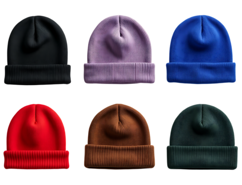 Six knitted beanies in black purple blue red brown and green winter hat headwear