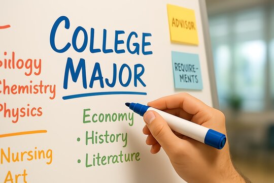 A student is writing college majors on a whiteboard with various options listed out neatly.