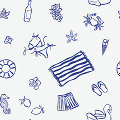 Seamless vector pattern featuring hand drawn summer and beach-themed elements in minimal outline style.